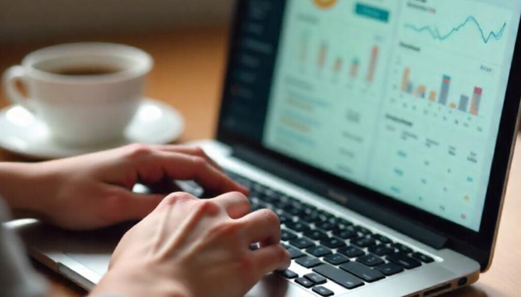 A person typing on a laptop with an analytics dashboard on the screen, exploring ways to earn online. A cup of coffee sits on the wooden table beside them.