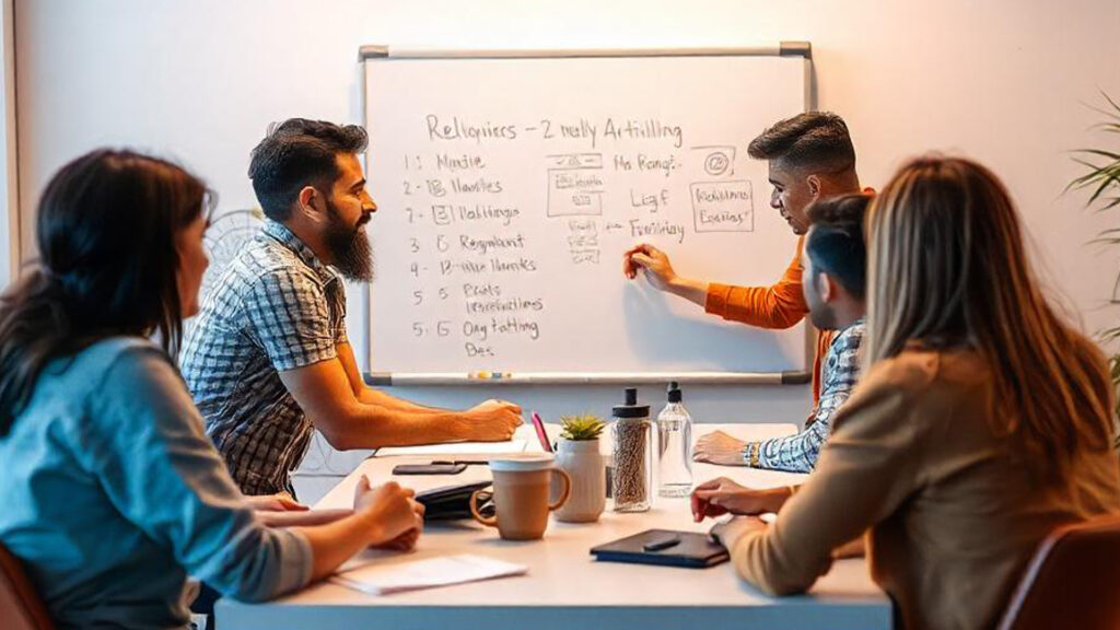 A group of people in a modern office discussing ways to earn online. A man in an orange shirt writes on a whiteboard with notes and diagrams, while others take part.