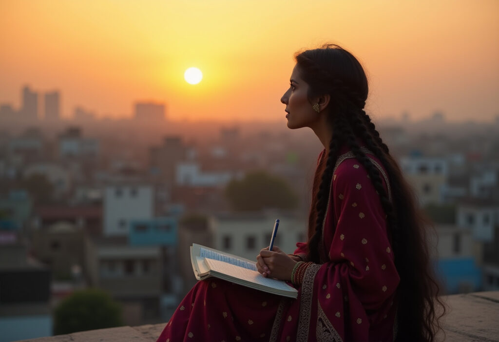 A woman in traditional Pakistani attire writing in a notebook at sunset, symbolizing creativity and storytelling in Blogging & Content Creation.