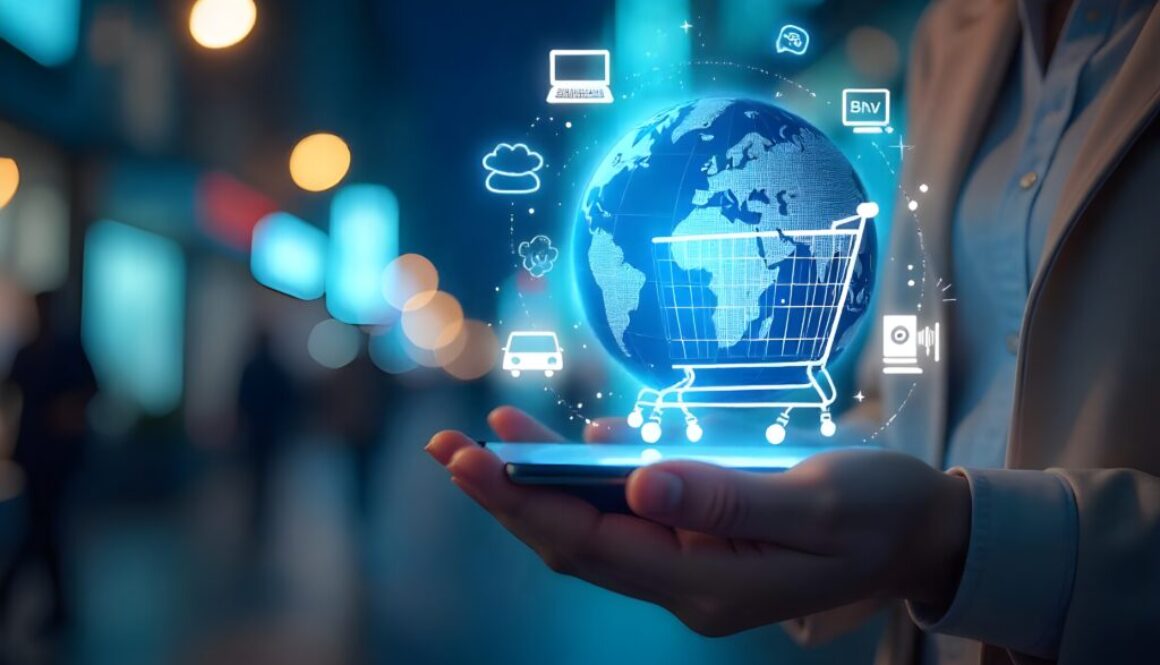 A digital shopping cart with a globe, representing the concept of global e-commerce.