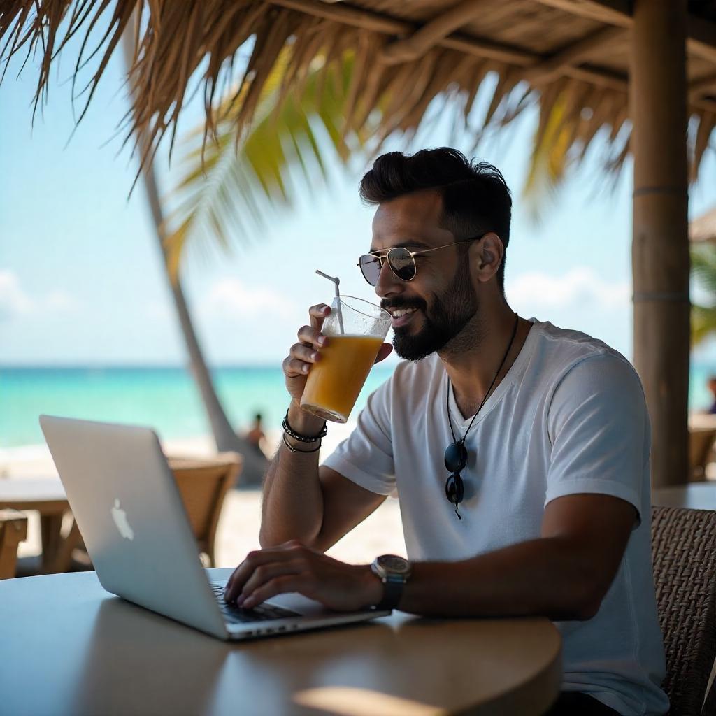 a-man-sitting-infront-of-a-laptop-on-a-beach-enjoying-his-drink-while-earning-from-upwork-&-fiverr