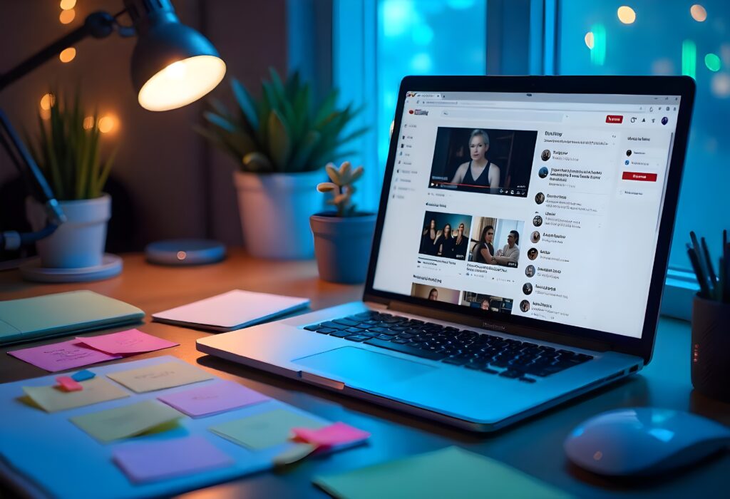 A laptop with YouTube analytics on the screen and notes for content strategy planning.