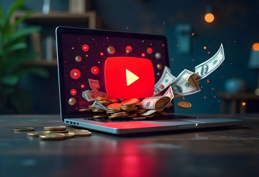 YouTube monetization concept with money flowing from a laptop screen.