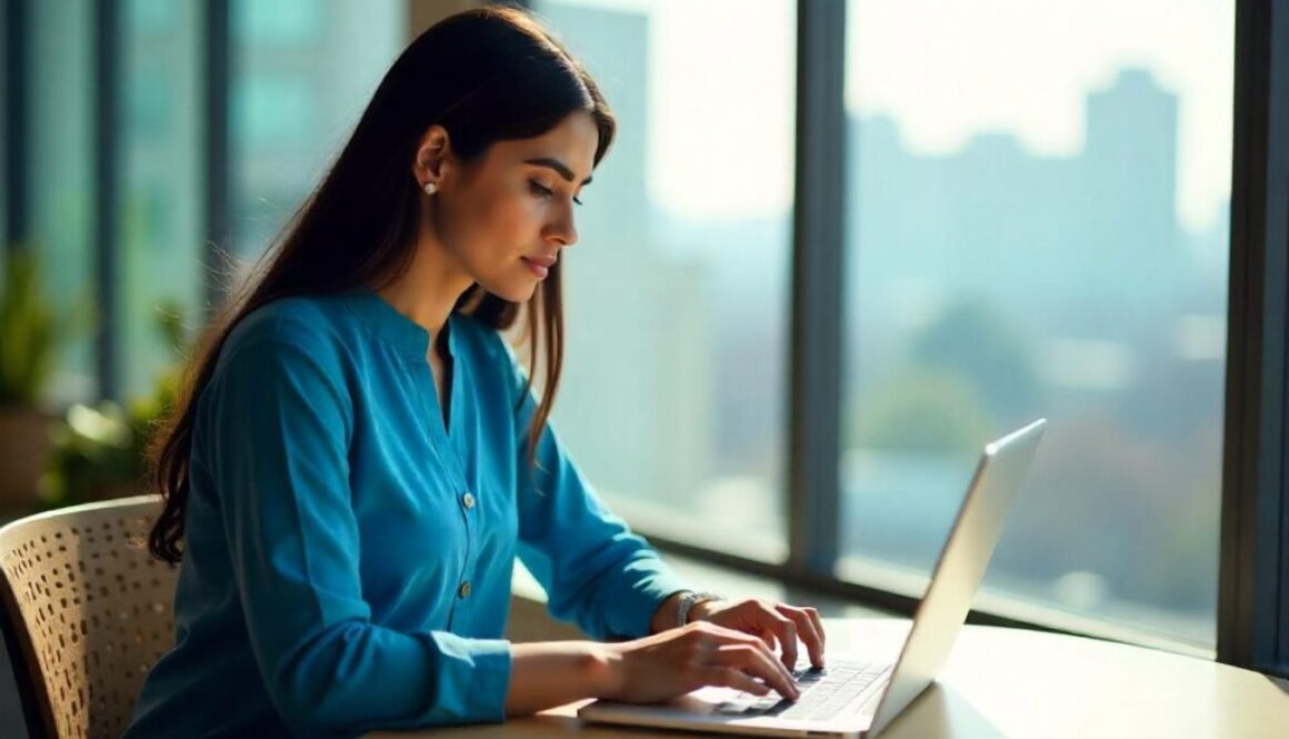 A focused woman in a blue dress typing on her laptop by a bright window, illustrating remote work and Blogging & Content Creation.