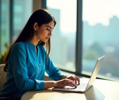 A focused woman in a blue dress typing on her laptop by a bright window, illustrating remote work and Blogging & Content Creation.