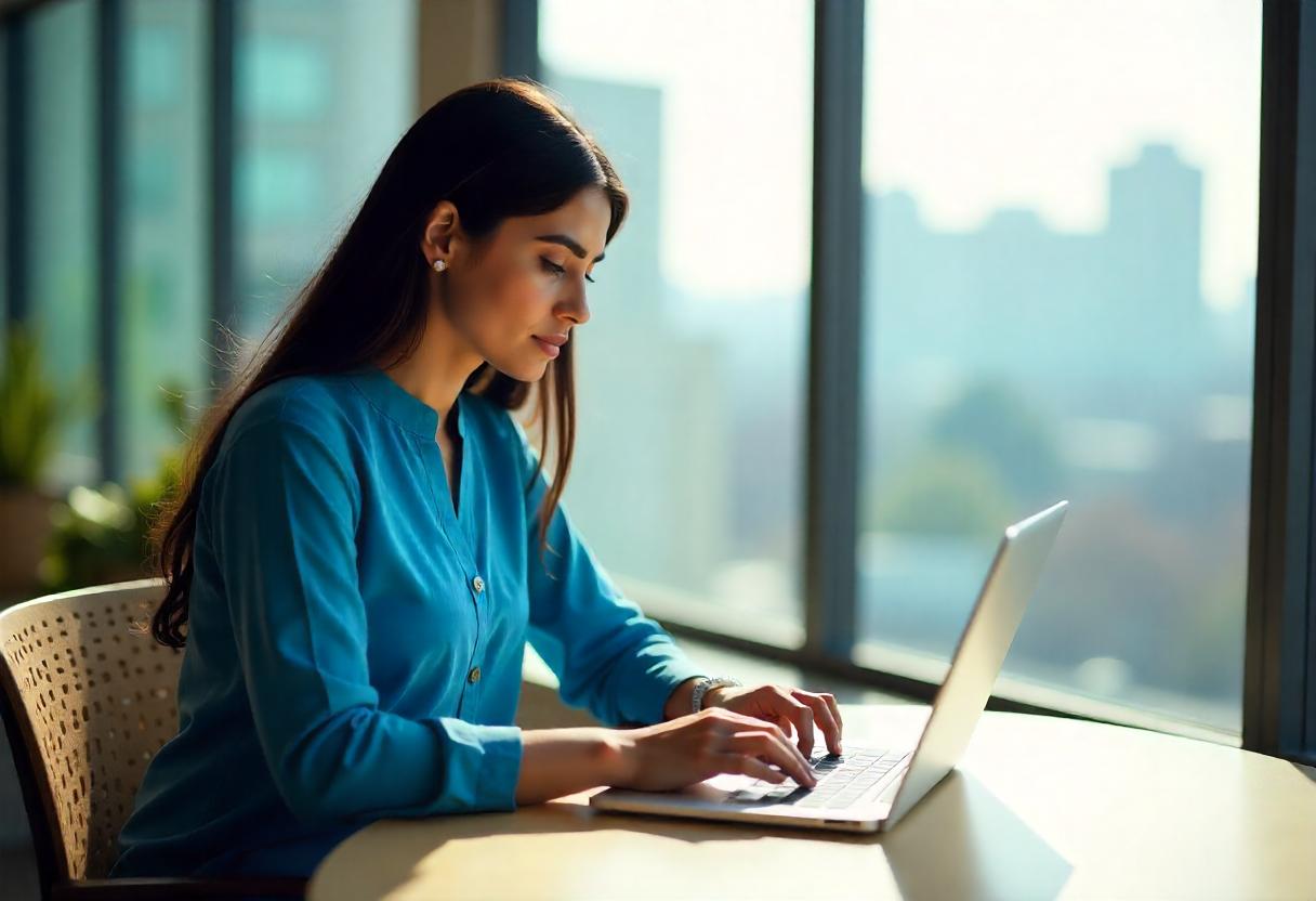 A focused woman in a blue dress typing on her laptop by a bright window, illustrating remote work and Blogging & Content Creation.