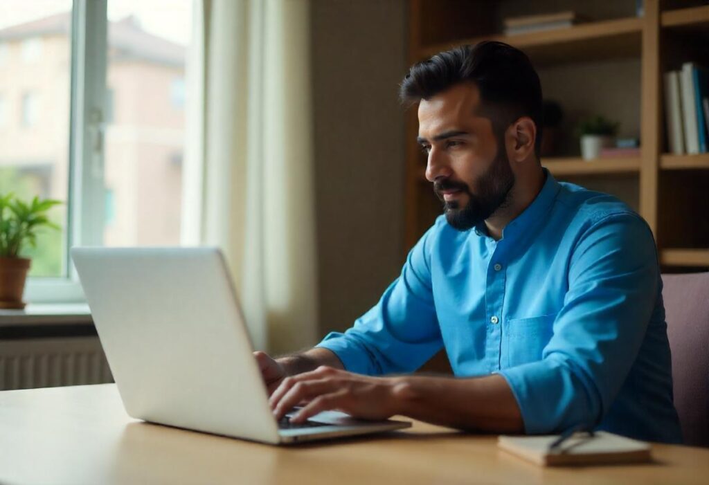 A Pakistani man in a blue shirt working on his laptop in a bright home office, representing online teaching and remote work opportunities.