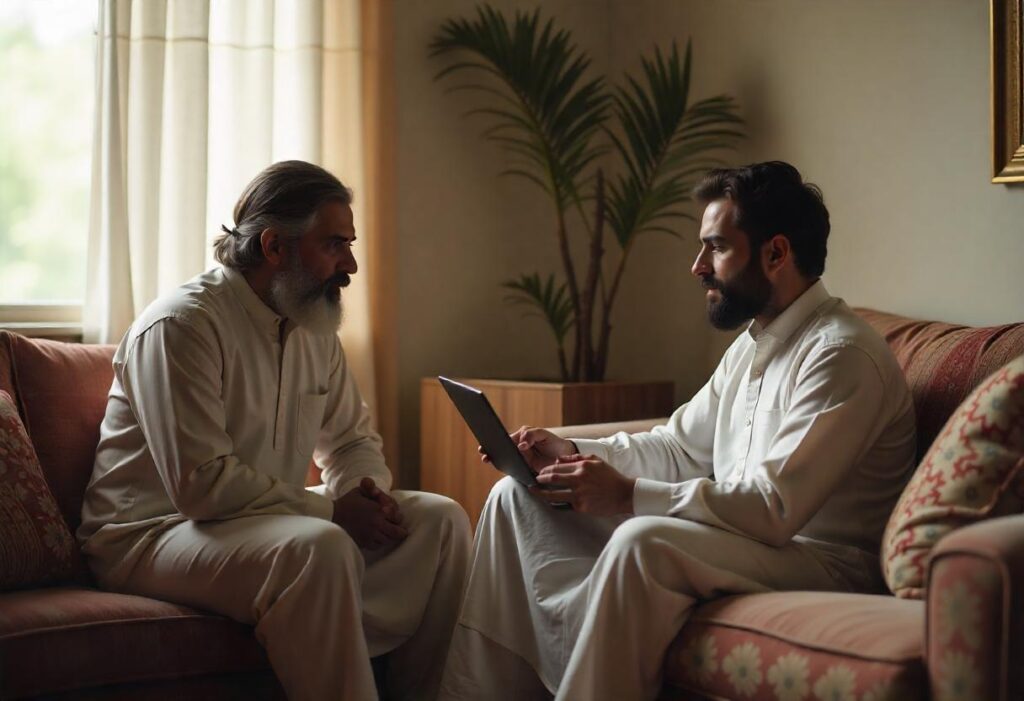 A bearded man in traditional Pakistani attire mentoring an elder using a tablet, depicting the concept of online learning and knowledge sharing.