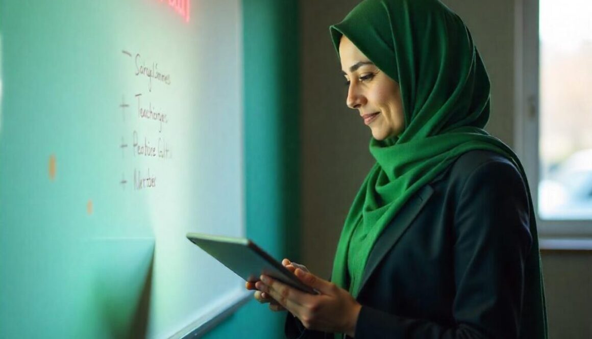 A Pakistani woman in a green hijab using a tablet in front of a whiteboard, symbolizing digital education and online tutoring.