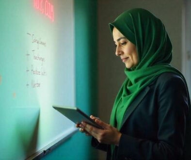 A Pakistani woman in a green hijab using a tablet in front of a whiteboard, symbolizing digital education and online tutoring.