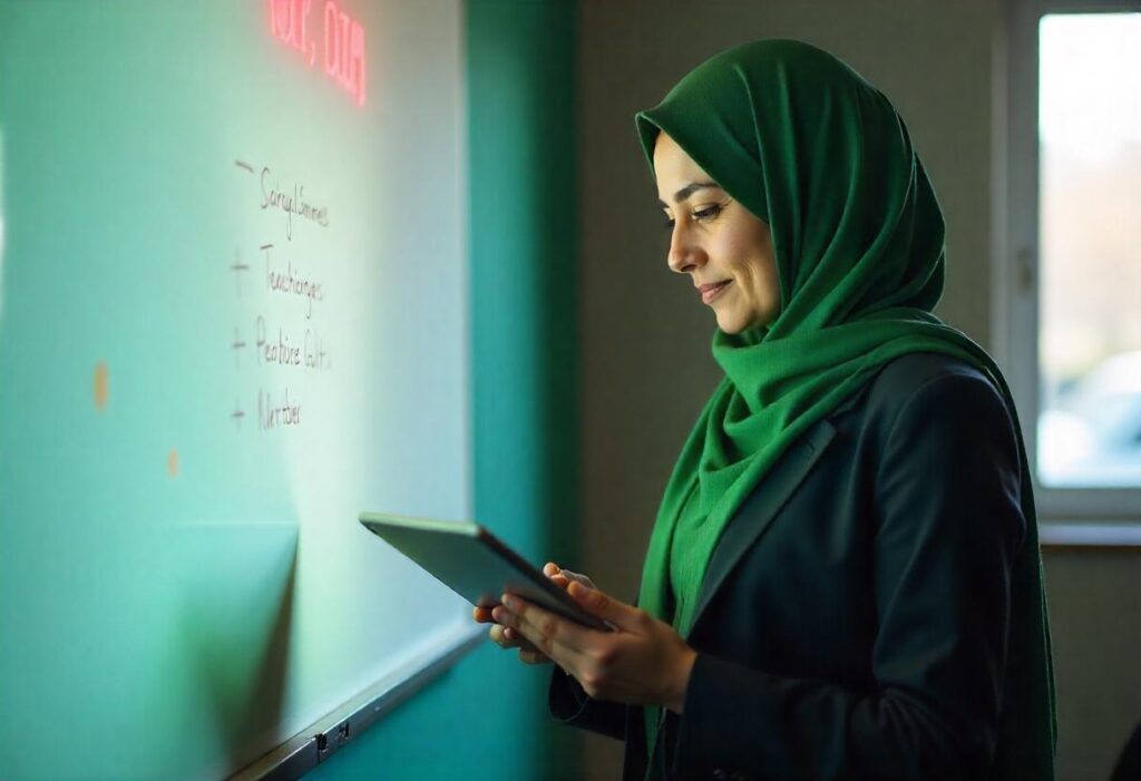 A Pakistani woman in a green hijab using a tablet in front of a whiteboard, symbolizing digital education and online tutoring.