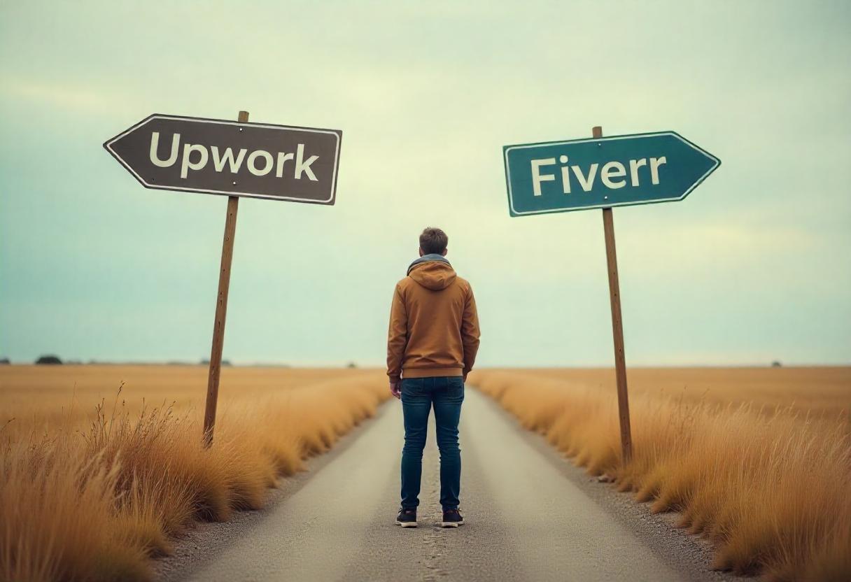 Choosing-Between-Upwork-and-Fiverr A freelancer deciding between Upwork and Fiverr as a career path.