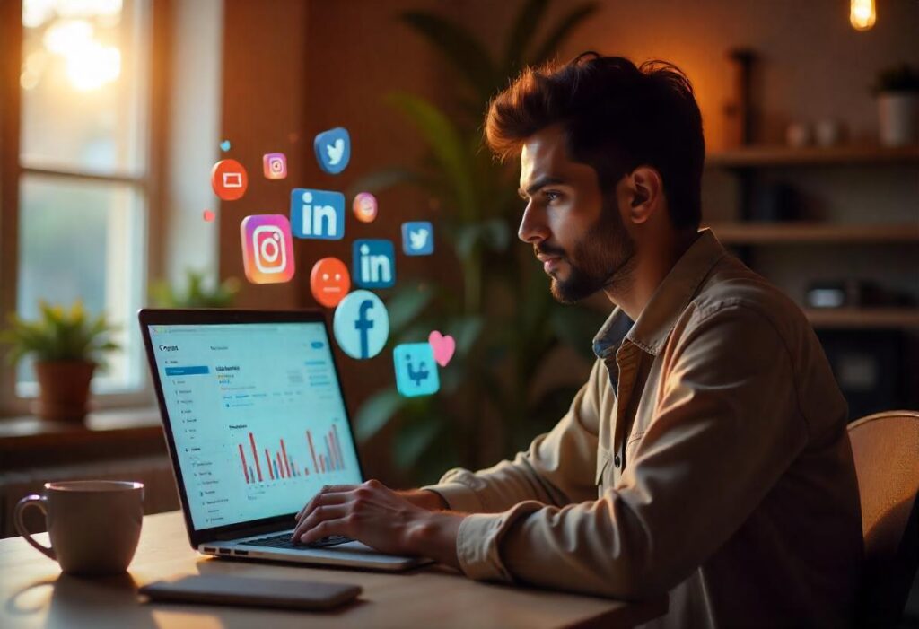 A Pakistani freelancer working on social media marketing, analyzing analytics on a laptop with social media icons in the background.