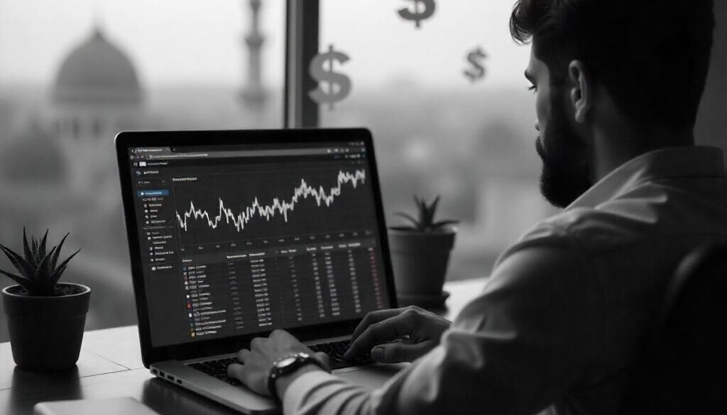 A Pakistani digital marketer reviewing website traffic analytics with floating dollar signs representing online earnings.