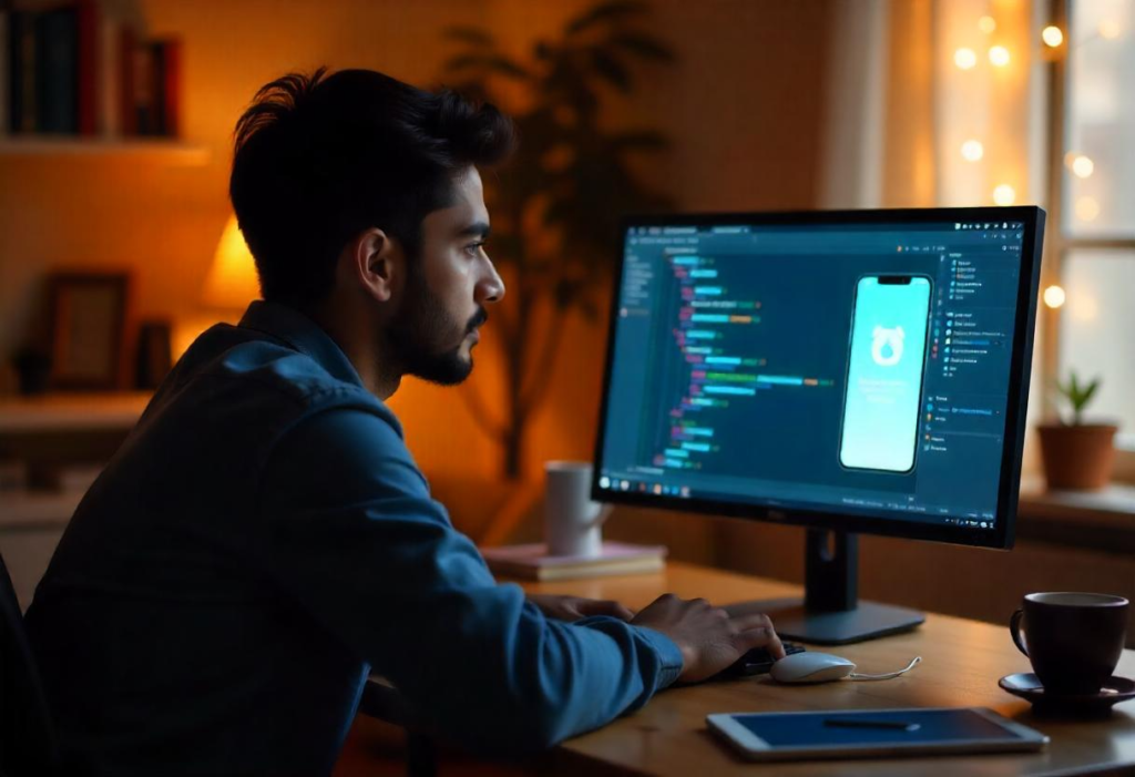 A Pakistani student learning mobile app and game development through an online course.