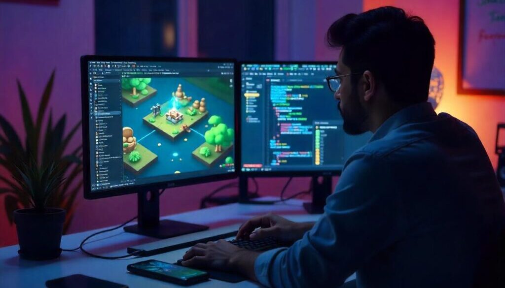 A Pakistani developer working on mobile app and game development using a dual-monitor setup.