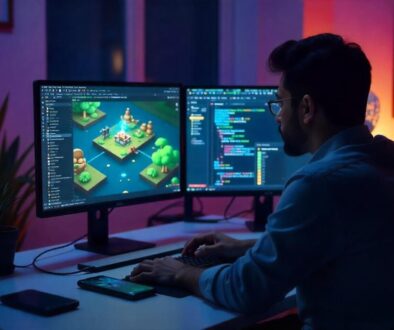 A Pakistani developer working on mobile app and game development using a dual-monitor setup.