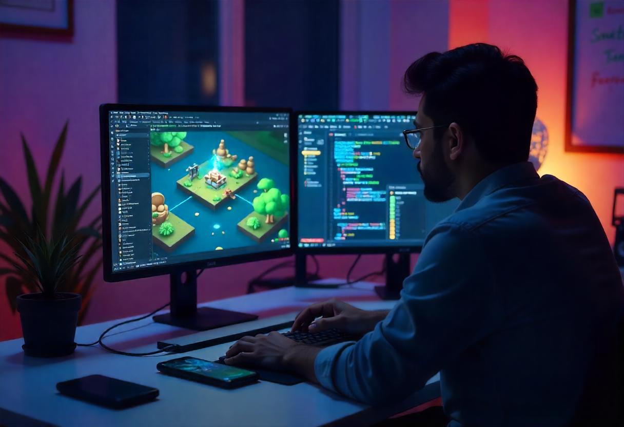 Mobile-App-and-Game-Development-Trends-Pakistan A Pakistani developer working on mobile app and game development using a dual-monitor setup.