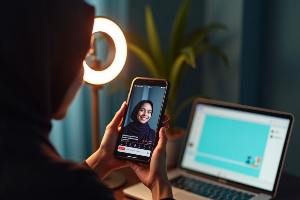 A Pakistani content creator recording a TikTok video using a ring light, with social media engagement icons on the screen.